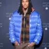 Close view of New York Fashion Week 2026 Jordan Clarkson Glossy Blue Moncler Parachute Puffer Jacket
