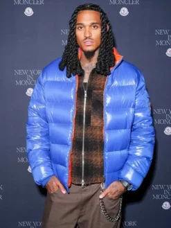 Close view of New York Fashion Week 2026 Jordan Clarkson Glossy Blue Moncler Parachute Puffer Jacket