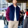 Close view of New York Fashion Week 2026 Josh Hart Tommy Hilfiger NY Label Wool-Cashmere Blue Varsity Jacket