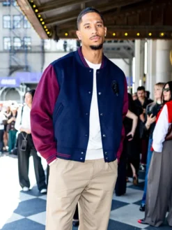 Close view of New York Fashion Week 2026 Josh Hart Tommy Hilfiger NY Label Wool-Cashmere Blue Varsity Jacket