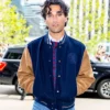 Close view of New York Fashion Week 2026 Tommy Hilfiger Josh Heuston Navy Blue Wool-Blend Varsity Jacket