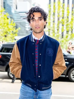 Close view of New York Fashion Week 2026 Tommy Hilfiger Josh Heuston Navy Blue Wool-Blend Varsity Jacket