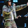 Close view of New York Liberty WNBA Halftime Show Barclays Center Green Camouflage Bomber Jacket