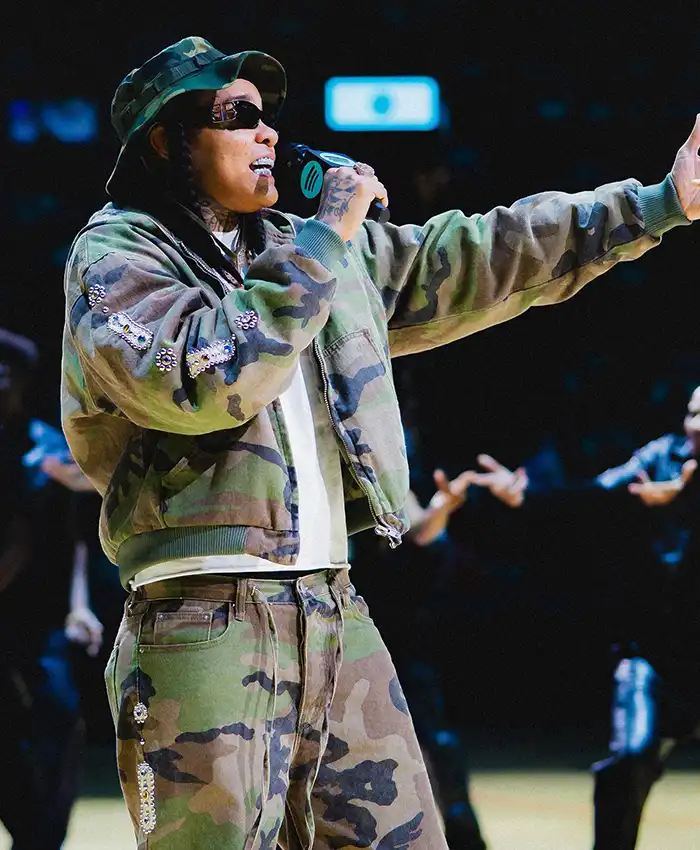 Close view of New York Liberty WNBA Halftime Show Barclays Center Green Camouflage Bomber Jacket