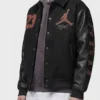 Close view of Nike x Jordan London Black LDN 23 Wool Leather Varsity Jacket
