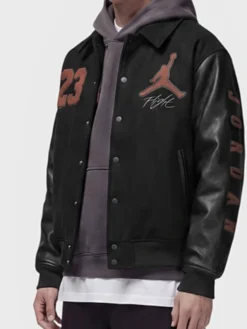 Close view of Nike x Jordan London Black LDN 23 Wool Leather Varsity Jacket
