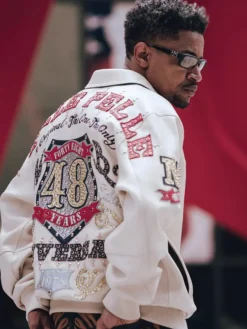 Close view of Pelle Pelle 48 Years Anniversary Off-White Leather Bomber Jacket Sale