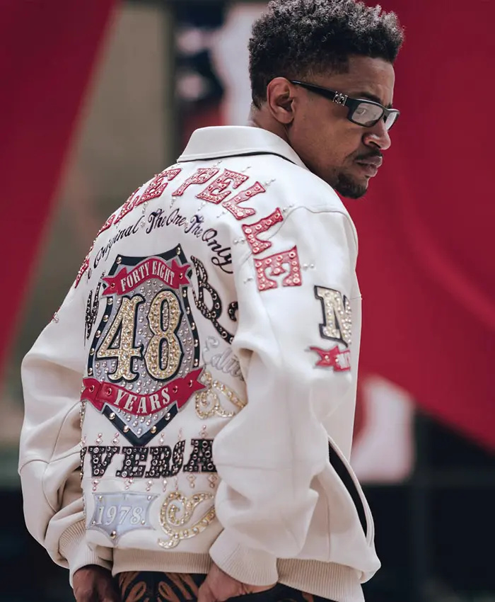 Close view of Pelle Pelle 48 Years Anniversary Off-White Leather Bomber Jacket Sale