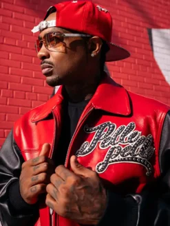 Close view of Pelle Pelle Legendary Red Leather Bomber Jacket For Sale