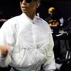 Close view of Pharrell Williams Paris Rehearsals Louis Vuitton White Satin Bomber Varsity Jacket
