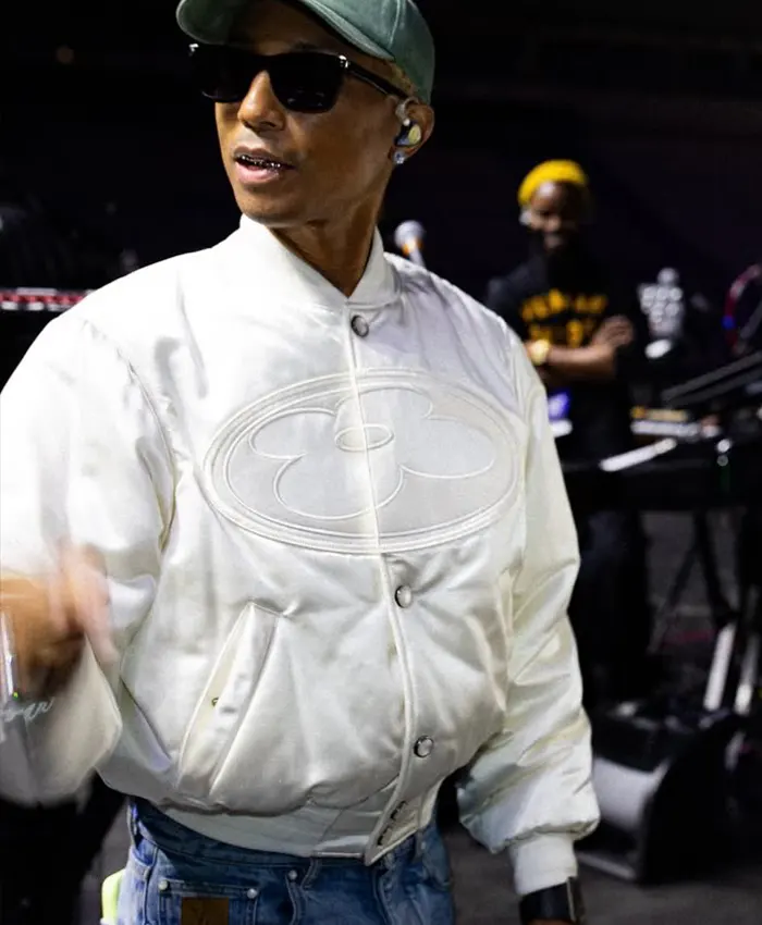 Close view of Pharrell Williams Paris Rehearsals Louis Vuitton White Satin Bomber Varsity Jacket