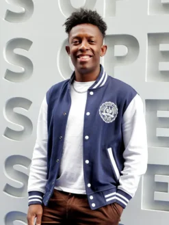 Close view of Polo Ralph Lauren US Open 2026 Breland Crest Double-Knit Blue And White Varsity Jacket