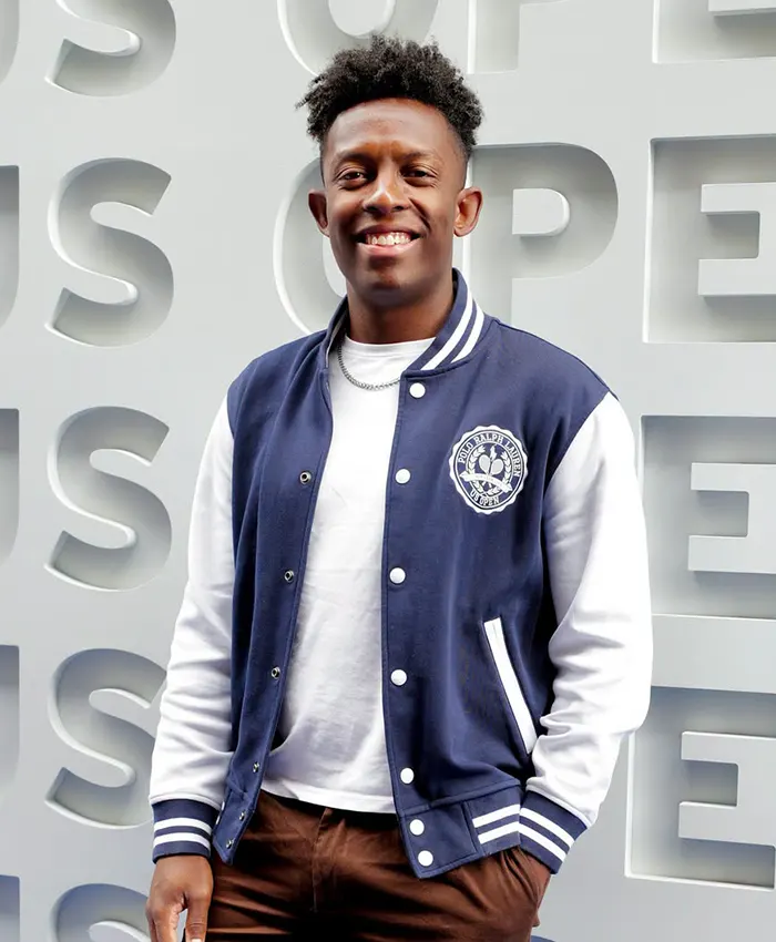 Close view of Polo Ralph Lauren US Open 2026 Breland Crest Double-Knit Blue And White Varsity Jacket