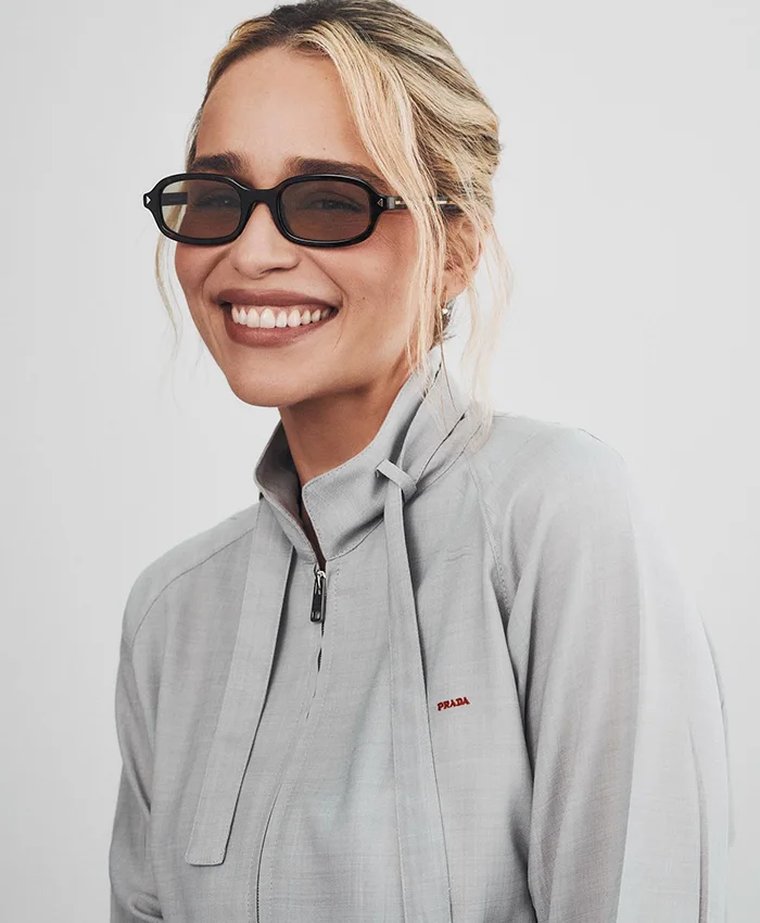 Close view of Prada Spring Show Milan Fashion Week 2027 Emilia Clarke Grey Cotton Jacket