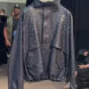 Close view of Public School New York SS27 Blue Leather Bespoke Anorak Diamond Jacket