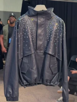 Close view of Public School New York SS27 Blue Leather Bespoke Anorak Diamond Jacket