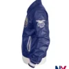 Close view of Riz Ahmed TV-Series Bait Season 01 Shah Latif Blue Leather Varsity Jacket