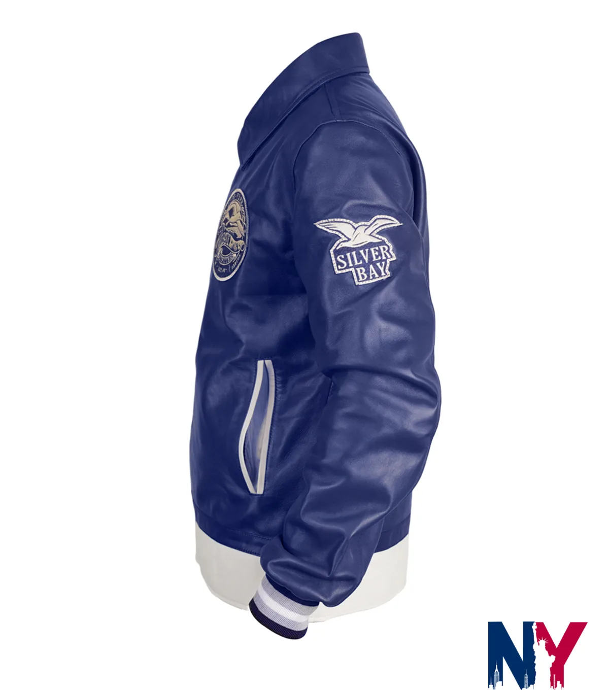 Close view of Riz Ahmed TV-Series Bait Season 01 Shah Latif Blue Leather Varsity Jacket