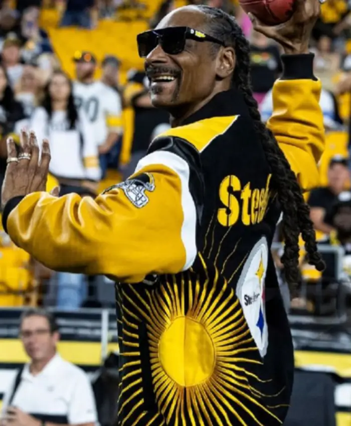 Close view of SNF NFL Cowboys vs. Steelers Gameday Snoop Dogg Varsity Jacket