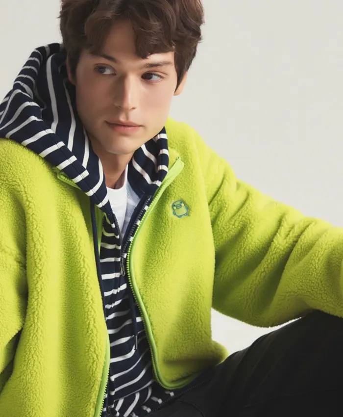 Close view of SPAO Tamagotchi Lime-Green Sherpa Fleece Zip-Up Track Jacket