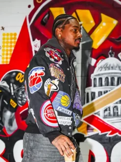 Close view of Stefon Diggs NFL Washington Commanders Arrival NBA Multi-Team Wool Black Bomber Jacket