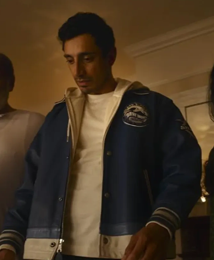 Close view of TV-Series Bait Season 01 Shah Latif Blue Leather Varsity Jacket