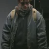 Close view of The Batman 2022 Bruce Wayne Drifter Grey Cotton Bomber Jacket