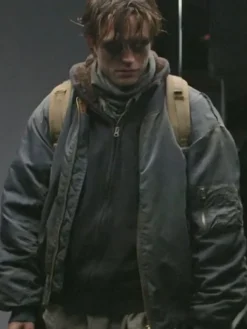Close view of The Batman 2022 Bruce Wayne Drifter Grey Cotton Bomber Jacket