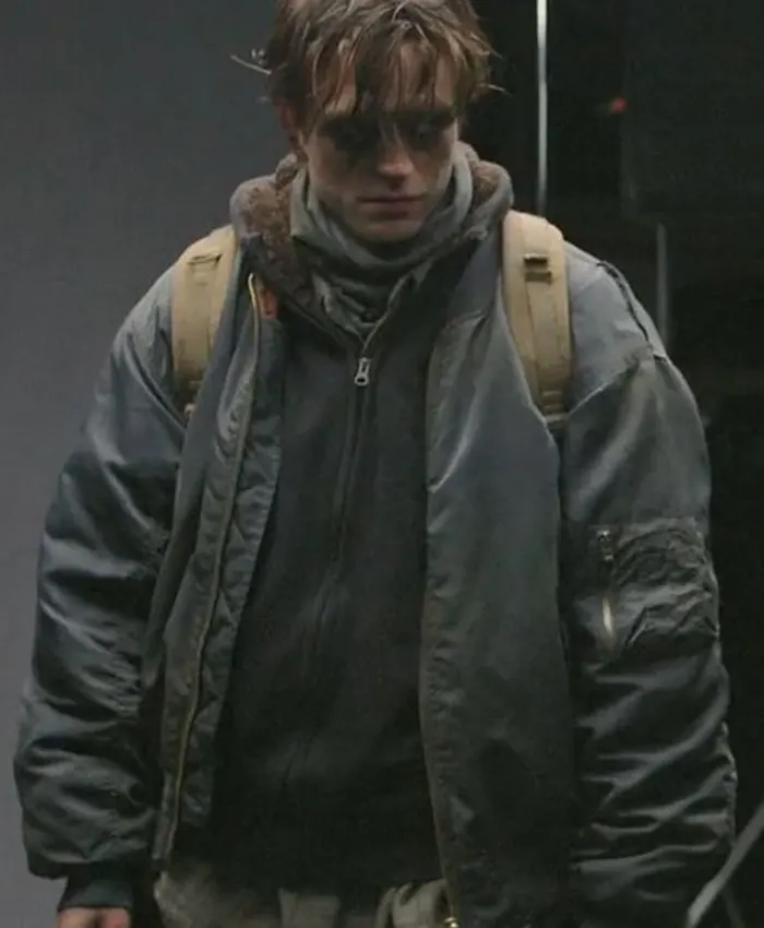 Close view of The Batman 2022 Bruce Wayne Drifter Grey Cotton Bomber Jacket