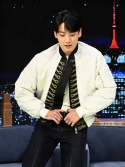 Close view of The Tonight Show Starring Jimmy Fallon BTS Jungkook White Satin Bomber Jacket