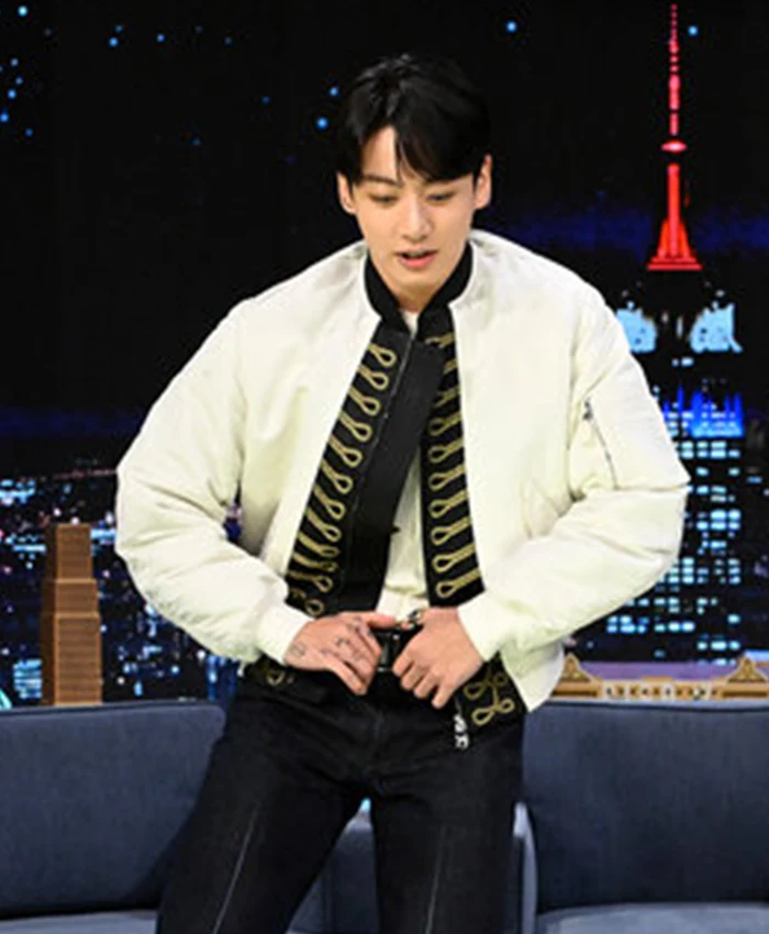 Close view of The Tonight Show Starring Jimmy Fallon BTS Jungkook White Satin Bomber Jacket