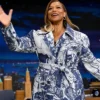 Close view of The Tonight Show Starring Jimmy Fallon Queen Latifah Blue And White Patterned Trench Coat