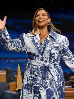 Close view of The Tonight Show Starring Jimmy Fallon Queen Latifah Blue And White Patterned Trench Coat
