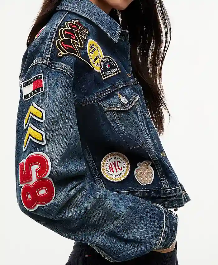 Close view of Tommy Hilfiger Badge Navy Blue Cropped Trucker Denim Jacket Sale