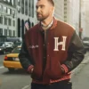 Close view of Travis Kelce Tommy Hilfiger Mixed-Media Burgundy Varsity Jacket