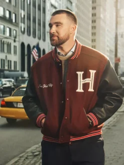 Close view of Travis Kelce Tommy Hilfiger Mixed-Media Burgundy Varsity Jacket
