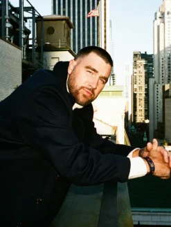 Close view of Travis Kelce Tommy Hilfiger New York City Black Double-Breasted Wool-Blend Peacoat