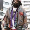 Close view of Tremaine Emory 1991 Avirex Canoe Club Brown Vintage Leather Bomber Jacket