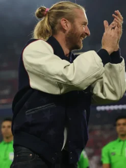 Close view of U.S. Men's National Team Tim Ream Honour St. Louis Navy And Cream Varsity Jacket