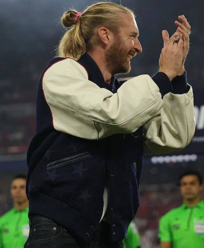 Close view of U.S. Men's National Team Tim Ream Honour St. Louis Navy And Cream Varsity Jacket