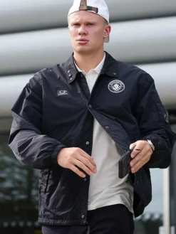 Close view of UEFA Champions League Manchester City CP Company Black Polyester Track Jacket