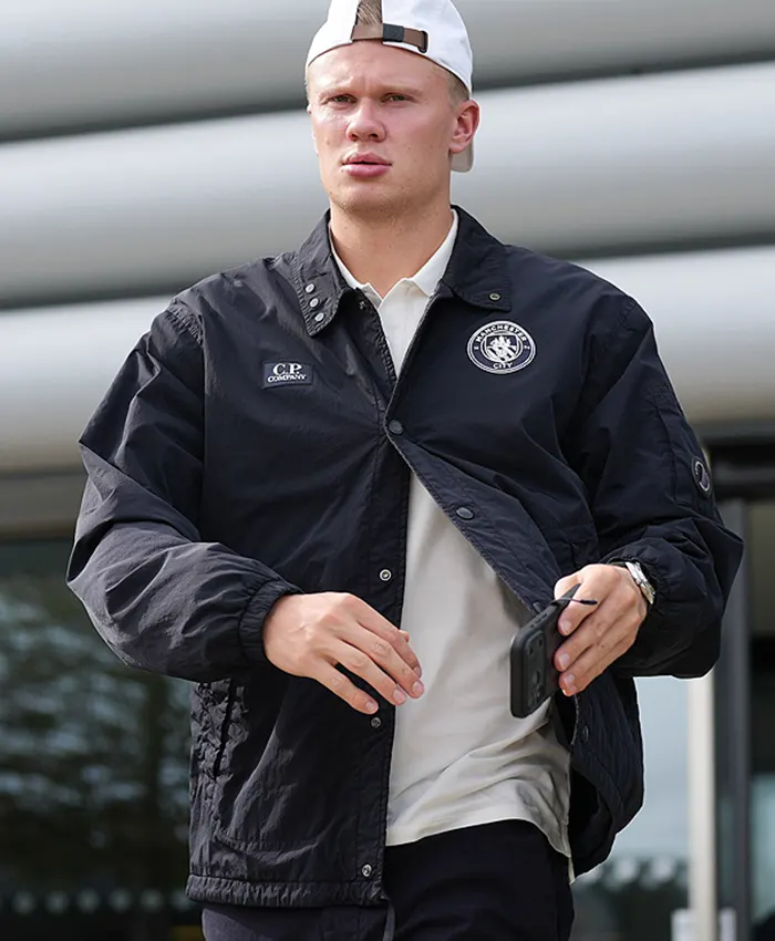 Close view of UEFA Champions League Manchester City CP Company Black Polyester Track Jacket