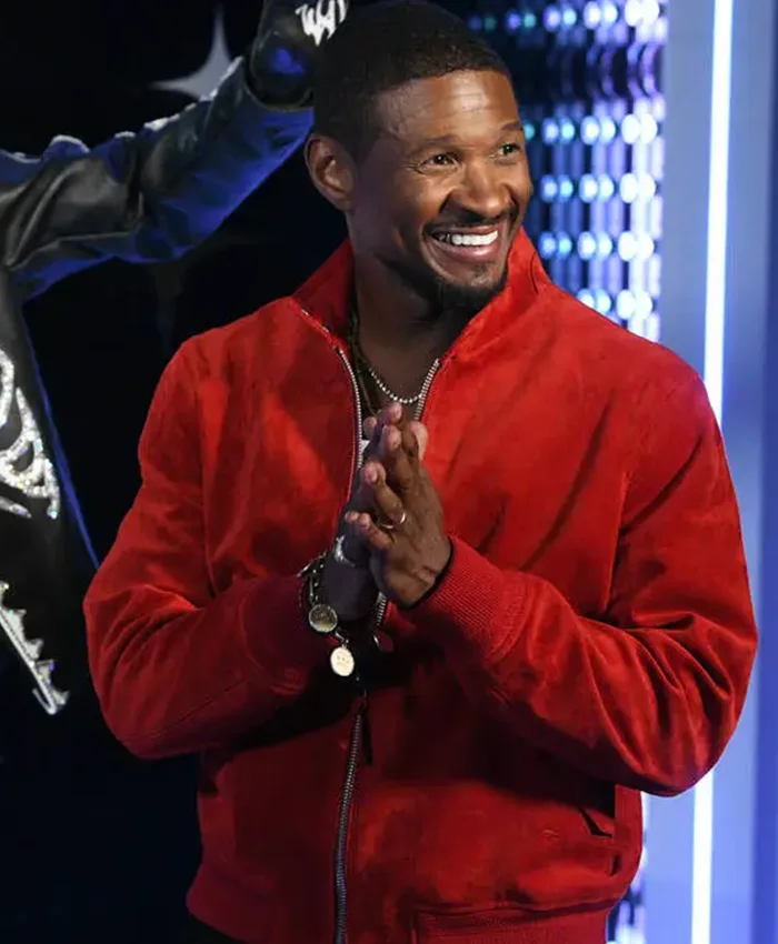 Close-up of Madame Tussauds Wax Museum USA Usher Red Suede Bomber Leather Jacket