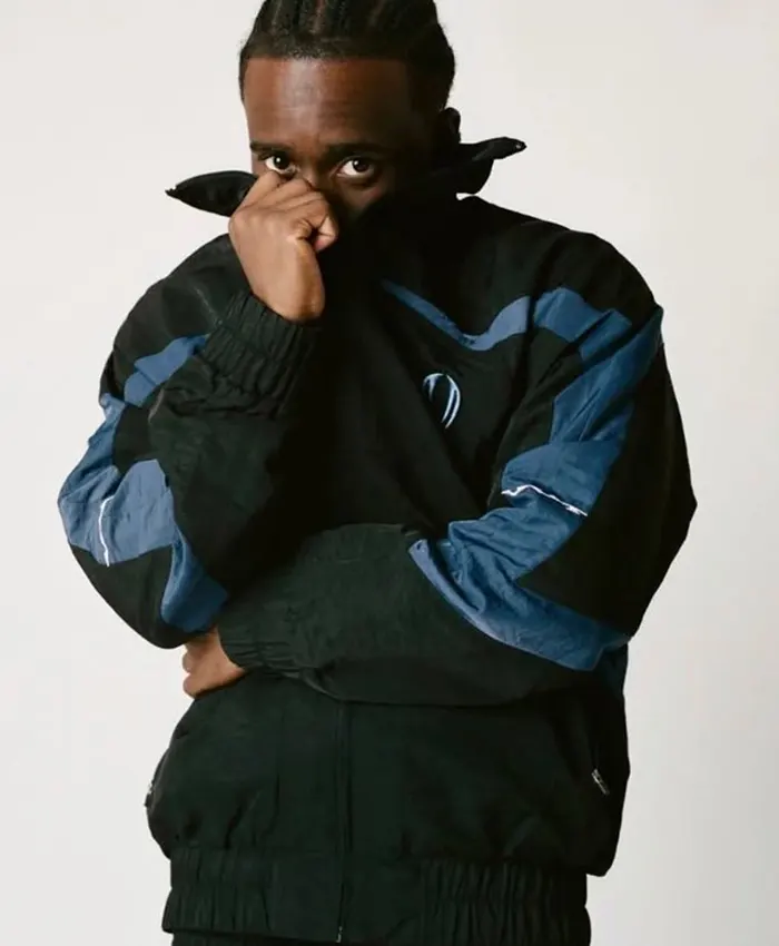 Close view of VIVET Debut New York Fashion Week 2026 Kai Cenat Fleece Black And Blue Track Jacket