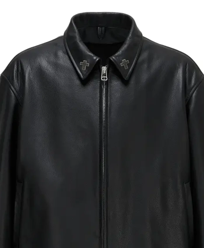 Close view of WILDSIDE x The Weeknd AFTER HOURS TIL DAWN Black Leather Jacket