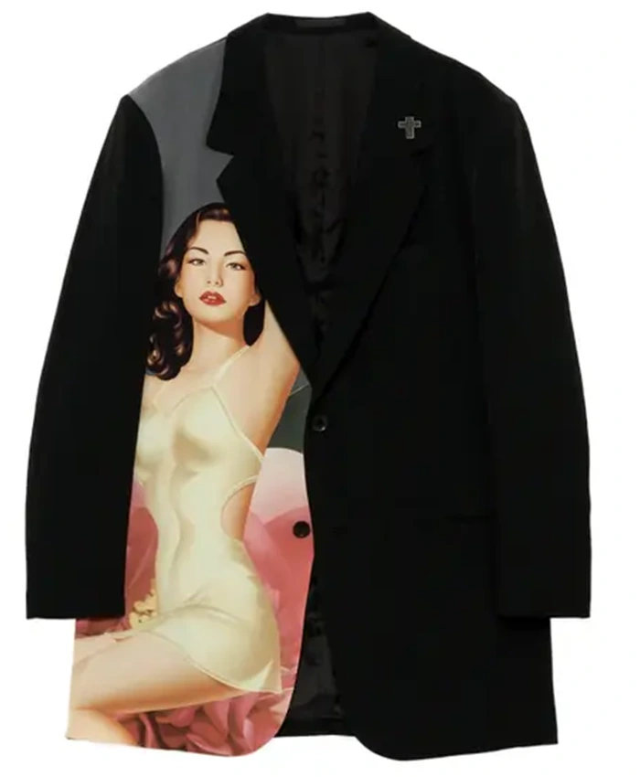 Close view of WILDSIDE × The Weeknd AFTER HOURS TIL DAWN Tape Crepe de Chine 2B Tailored Collar Jacket