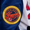 Close view of WNBA Indiana Fever Red, White And Blue Satin Script Bomber Varsity Jacket
