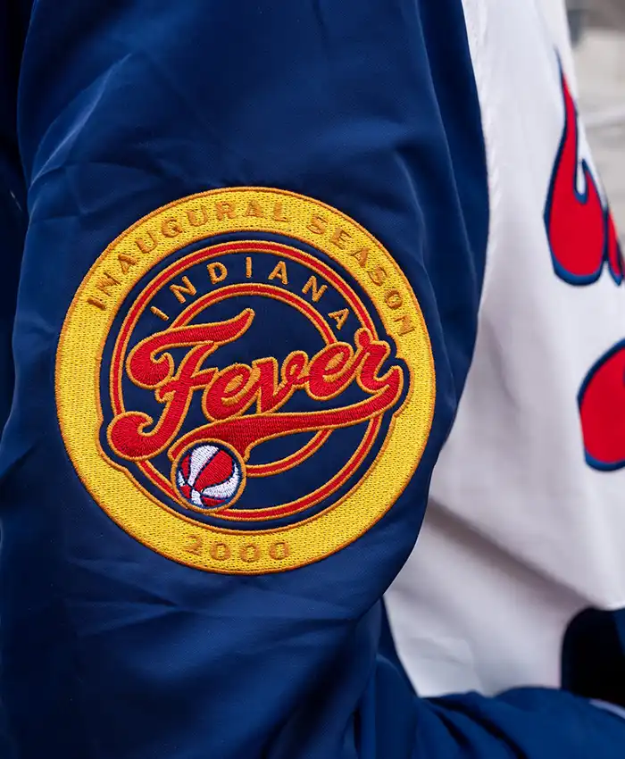 Close view of WNBA Indiana Fever Red, White And Blue Satin Script Bomber Varsity Jacket