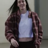 Close view of WNBA Indiana Fever vs. Washington Mystics Caitlin Clark Burgundy Plaid Fleece Track Jacket