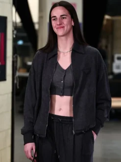 Close view of WNBA Playoffs 2026 Indiana Fever vs Las Vegas Aces Caitlin Clark Black Cotton Workwear Jacket